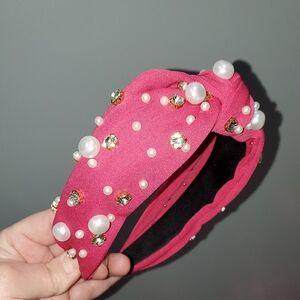 New handmade boutique rhinestone pearl top knot flexible wide headband pink